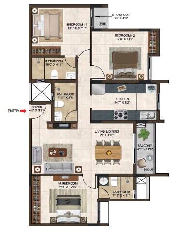 Floor plan of 3 BHK 1612 Sq. Ft. Apartment in Casagrand Lorenza, Bangalore