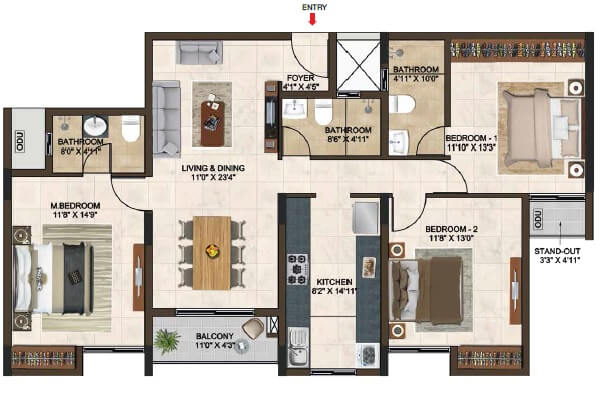 Floor plan of 3 BHK 1674 Sq. Ft. Apartment in Casagrand Lorenza, Bangalore