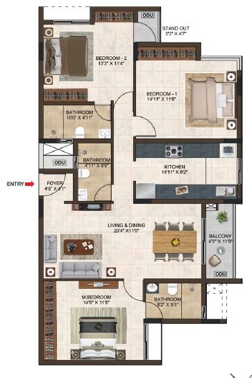 Floor plan of 3 BHK 1702 Sq. Ft. Apartment in Casagrand Lorenza, Bangalore