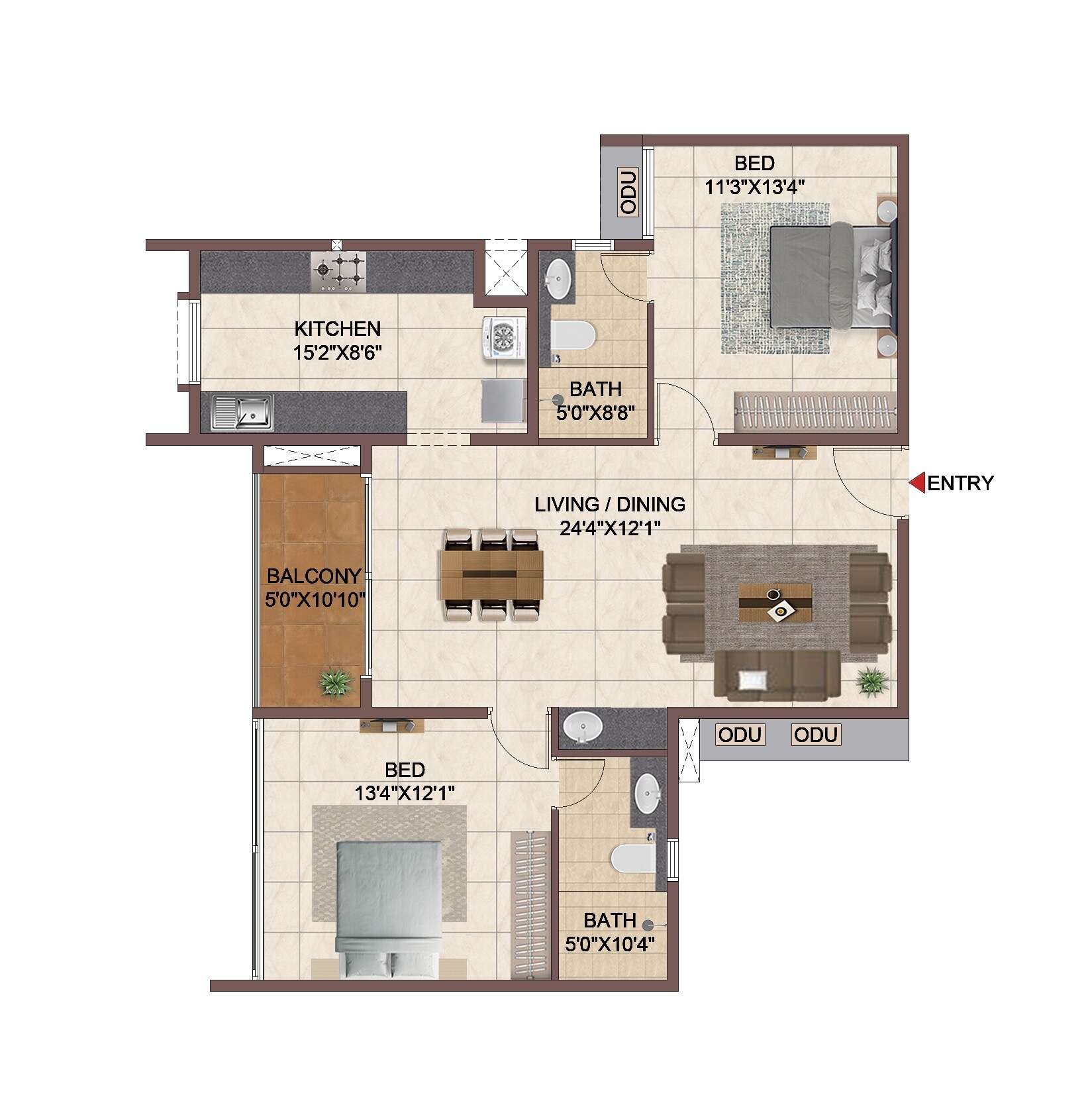 Floor plan of 2 BHK 1302 Sq. Ft. Apartment in Casagrand Meridian, Bangalore