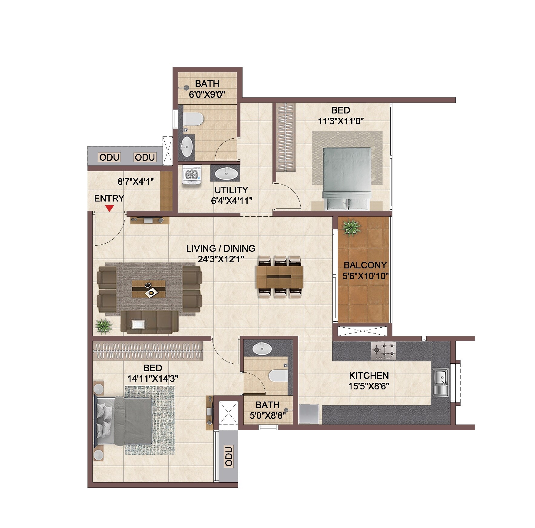 Floor plan of 2 BHK 1466 Sq. Ft. Apartment in Casagrand Meridian, Bangalore