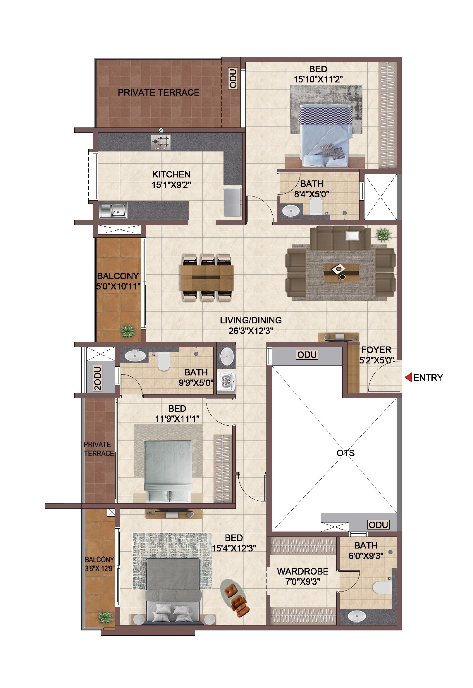 Floor plan of 3 BHK 2037 Sq. Ft. Apartment in Casagrand Meridian, Bangalore