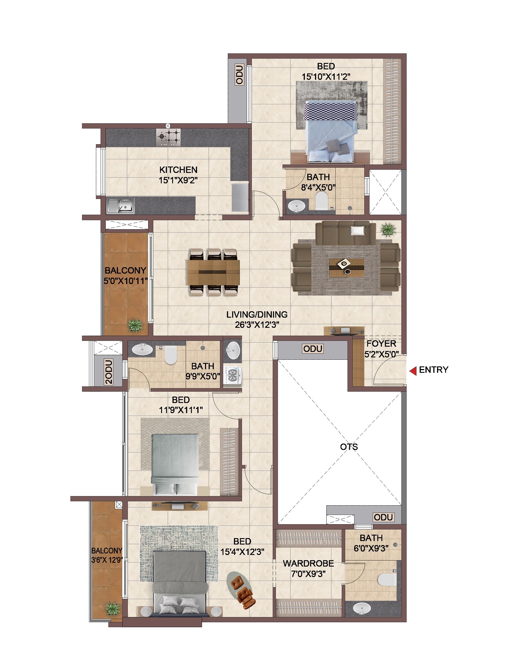 Floor plan of 3 BHK 2041 Sq. Ft. Apartment in Casagrand Meridian, Bangalore