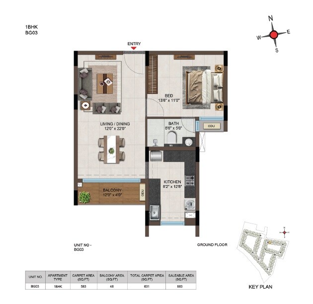 Floor plan of 1 BHK 883 Sq. Ft. Apartment in Casagrand Moondance, Bangalore