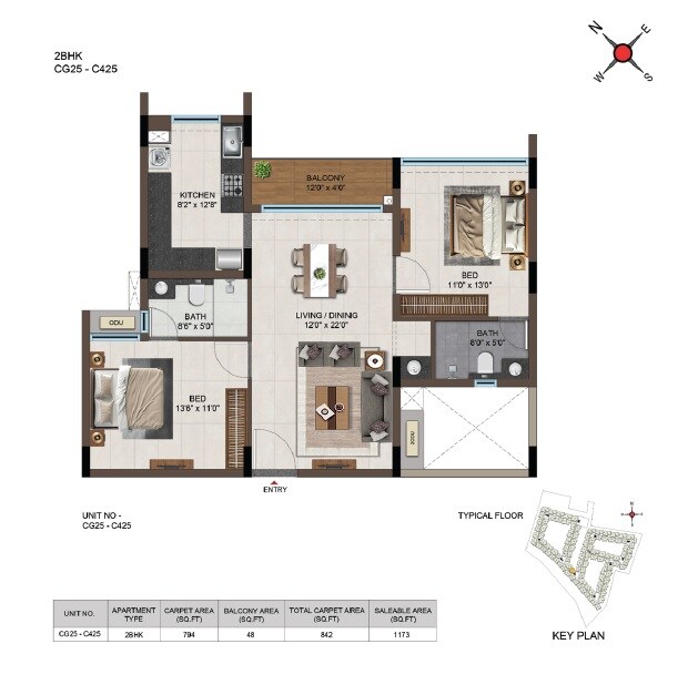 Floor plan of 2 BHK 1173 Sq. Ft. Apartment in Casagrand Moondance, Bangalore