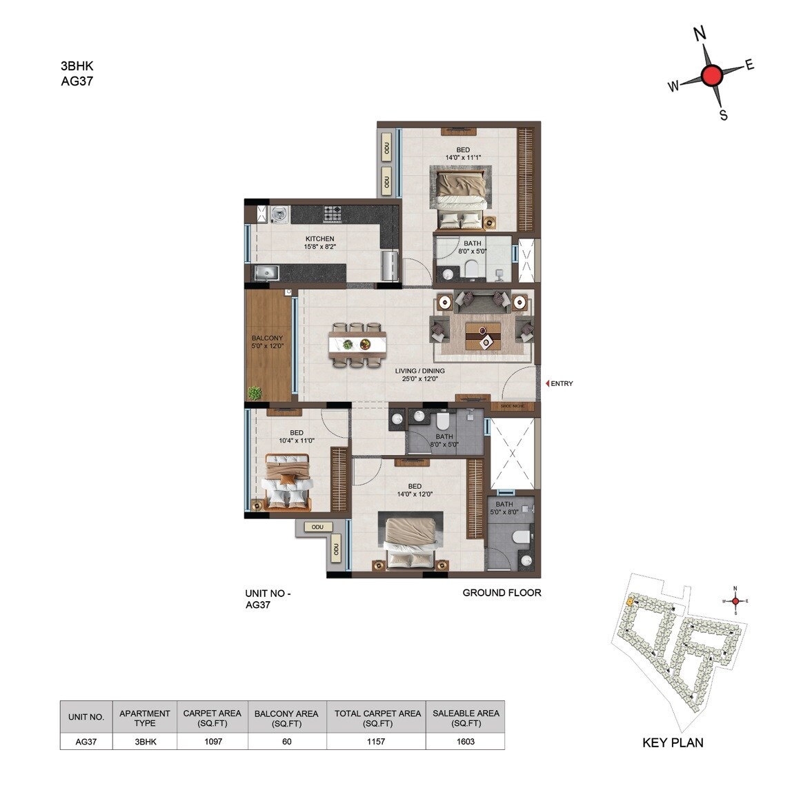 Floor plan of 3 BHK 1603 Sq. Ft. Apartment in Casagrand Moondance, Bangalore