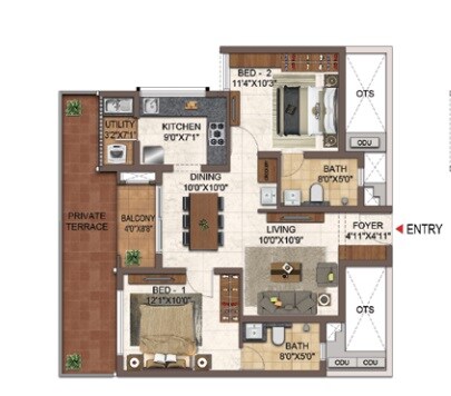 Floor plan of 2 BHK 1078 Sq. Ft. Apartment in Casagrand Orlena, Bangalore