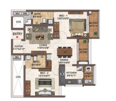 Floor plan of 2 BHK 1243 Sq. Ft. Apartment in Casagrand Orlena, Bangalore