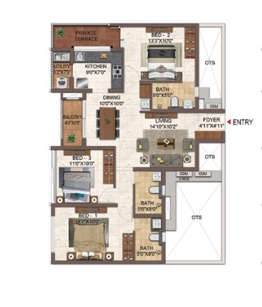 Floor plan of 3 BHK 1451 Sq. Ft. Apartment in Casagrand Orlena, Bangalore