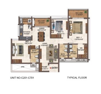 Floor plan of 3 BHK 1733 Sq. Ft. Apartment in Casagrand Orlena, Bangalore