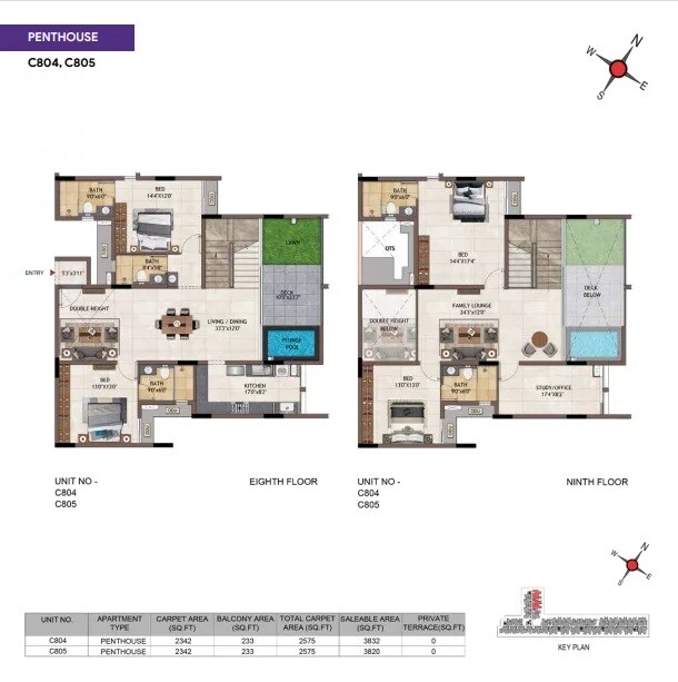 Floor plan of 4 BHK 3820 Sq. Ft. Penthouse in Casagrand Vivacity, Bangalore