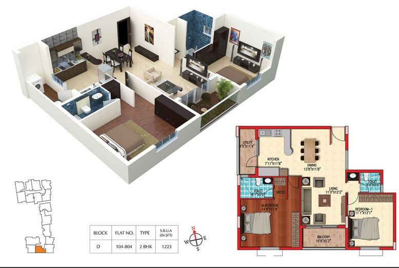 Floor plan of 2 BHK 1223 Sq. Ft. Apartment in Cauvery Serenity, Bangalore