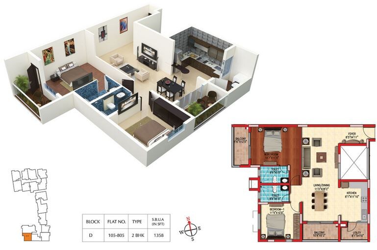 Floor plan of 2 BHK 1358 Sq. Ft. Apartment in Cauvery Serenity, Bangalore
