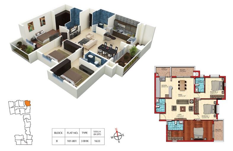 Floor plan of 3 BHK 1633 Sq. Ft. Apartment in Cauvery Serenity, Bangalore