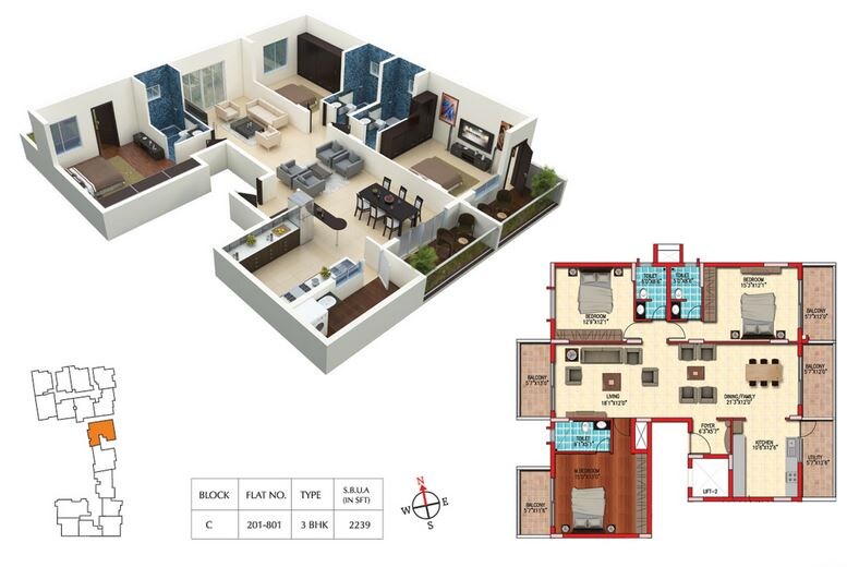 Floor plan of 3 BHK 2239 Sq. Ft. Apartment in Cauvery Serenity, Bangalore