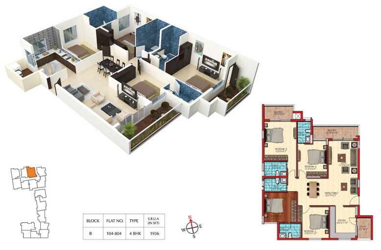 Floor plan of 4 BHK 1936 Sq. Ft. Apartment in Cauvery Serenity, Bangalore