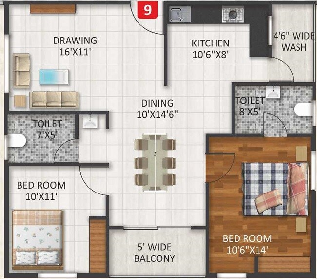 Floor plan of 2 BHK 1190 Sq. Ft. Apartment in CBR Aavani, Bangalore
