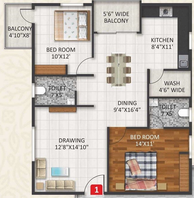 Floor plan of 2 BHK 1275 Sq. Ft. Apartment in CBR Aavani, Bangalore