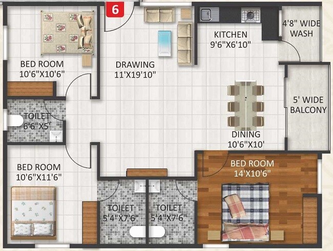 Floor plan of 3 BHK 1400 Sq. Ft. Apartment in CBR Aavani, Bangalore