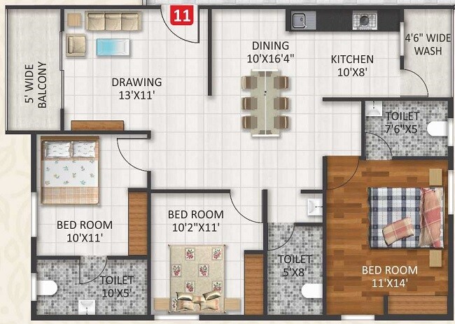 Floor plan of 3 BHK 1450 Sq. Ft. Apartment in CBR Aavani, Bangalore