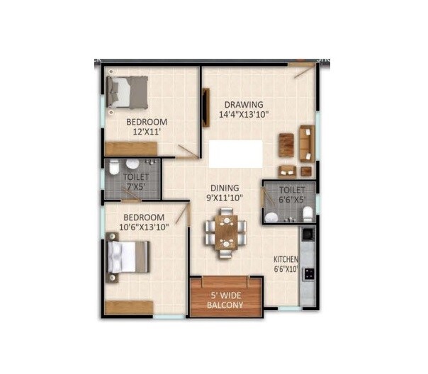 2 BHK 1142 Sq. Ft. Apartment