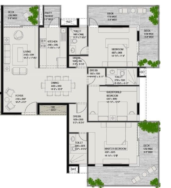 Floor plan of 3 BHK 2330 Sq. Ft. Apartment in Ceear The Big Tree, Bangalore