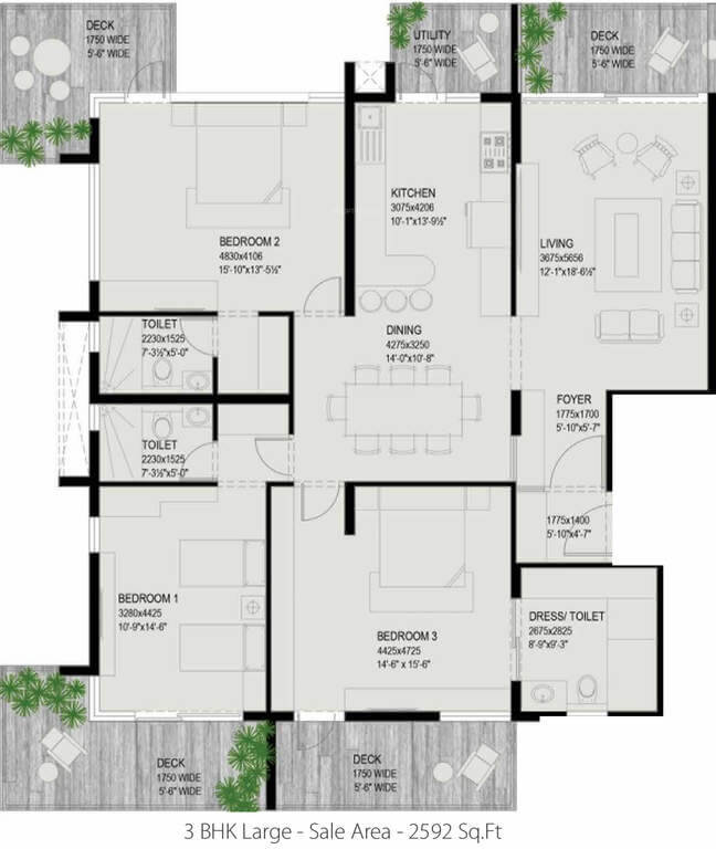 Floor plan of 3 BHK 2592 Sq. Ft. Apartment in Ceear The Big Tree, Bangalore