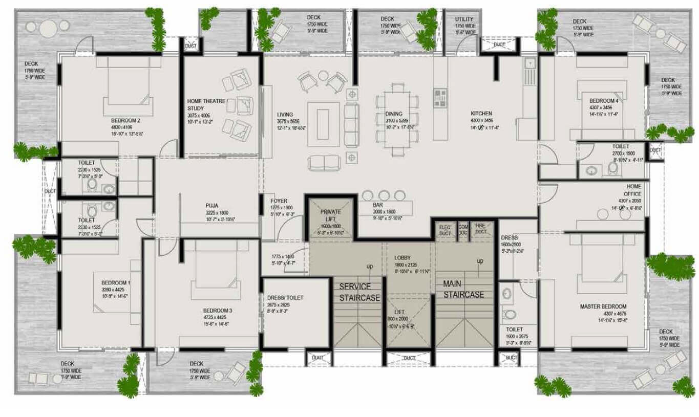 Floor plan of 5 BHK 5164 Sq. Ft. Apartment in Ceear The Big Tree, Bangalore