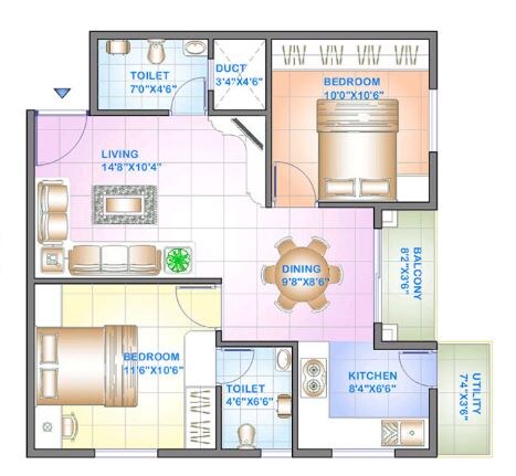 Floor plan of 2 BHK 824 Sq. Ft. Apartment in Celebrity Square, Bangalore