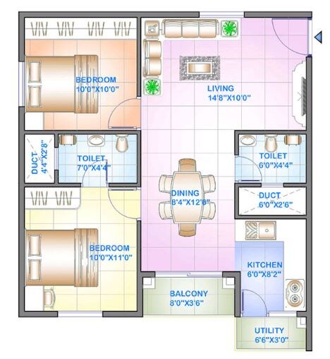 Floor plan of 2 BHK 830 Sq. Ft. Apartment in Celebrity Square, Bangalore