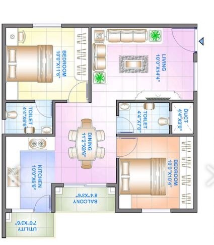 Floor plan of 2 BHK 842 Sq. Ft. Apartment in Celebrity Square, Bangalore