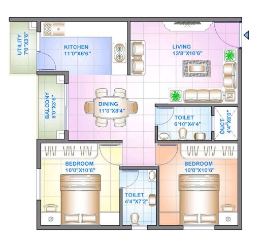 Floor plan of 2 BHK 852 Sq. Ft. Apartment in Celebrity Square, Bangalore