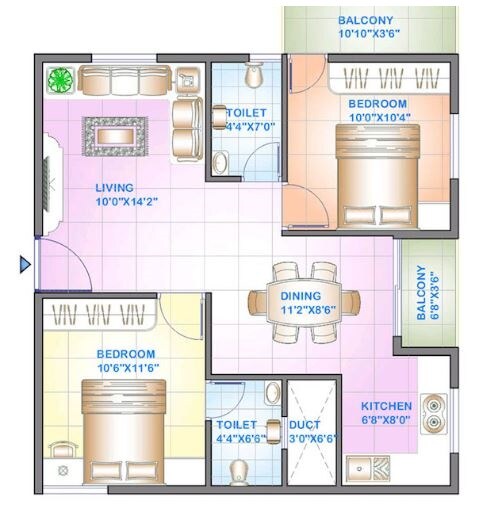 Floor plan of 2 BHK 864 Sq. Ft. Apartment in Celebrity Square, Bangalore