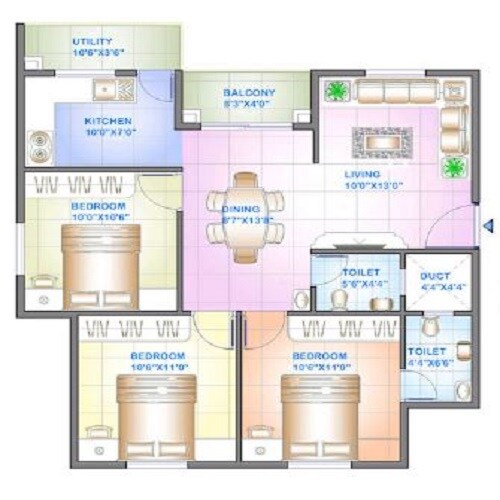 Floor plan of 3 BHK 1036 Sq. Ft. Apartment in Celebrity Square, Bangalore