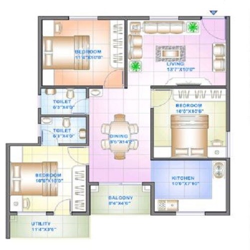 Floor plan of 3 BHK 1046 Sq. Ft. Apartment in Celebrity Square, Bangalore