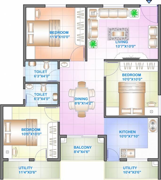 Floor plan of 3 BHK 1049 Sq. Ft. Apartment in Celebrity Square, Bangalore