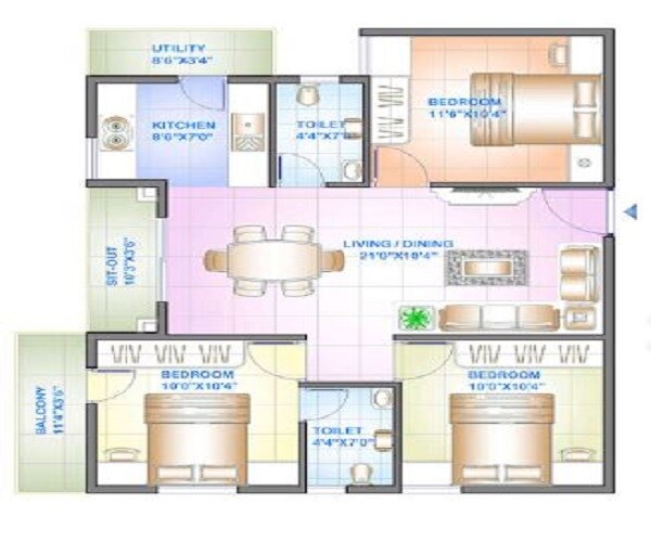 Floor plan of 3 BHK 1052 Sq. Ft. Apartment in Celebrity Square, Bangalore