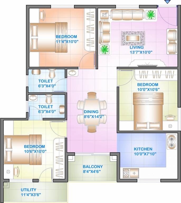 Floor plan of 3 BHK 1067 Sq. Ft. Apartment in Celebrity Square, Bangalore