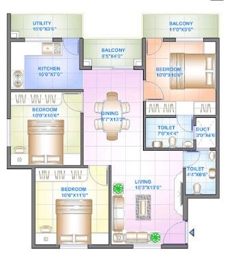 Floor plan of 3 BHK 1070 Sq. Ft. Apartment in Celebrity Square, Bangalore