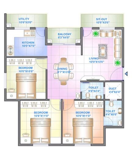 Floor plan of 3 BHK 1081 Sq. Ft. Apartment in Celebrity Square, Bangalore