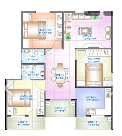 Floor plan of 3 BHK 1092 Sq. Ft. Apartment in Celebrity Square, Bangalore
