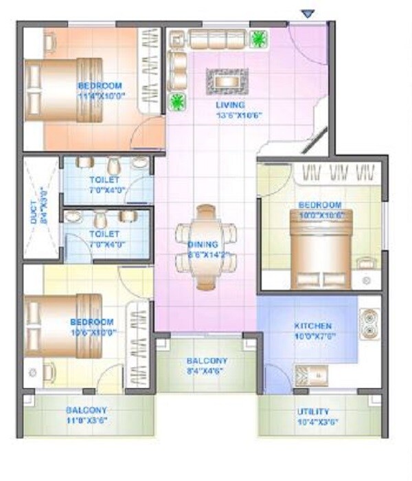 Floor plan of 3 BHK 1097 Sq. Ft. Apartment in Celebrity Square, Bangalore