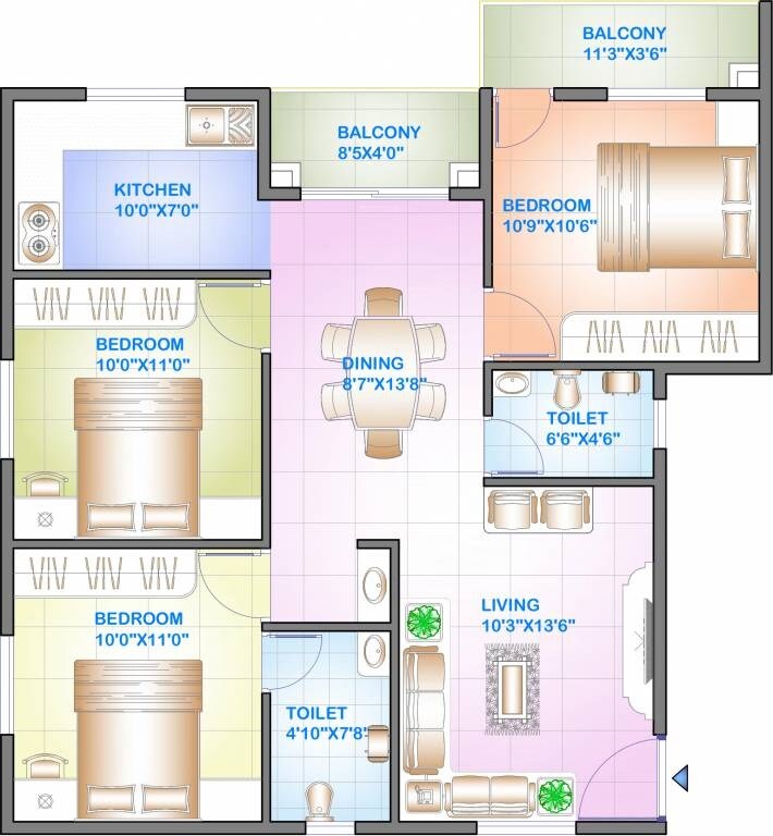 Floor plan of 3 BHK 1112 Sq. Ft. Apartment in Celebrity Square, Bangalore