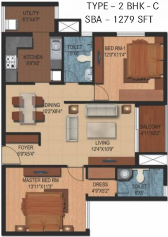 Floor plan of 2 BHK 1279 Sq. Ft. Apartment in Century Breeze, Bangalore
