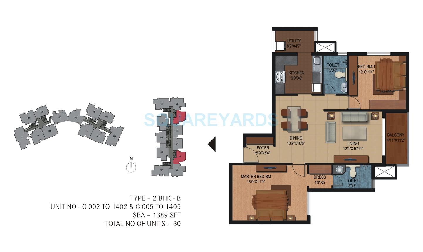 Floor plan of 2 BHK 1389 Sq. Ft. Apartment in Century Breeze, Bangalore