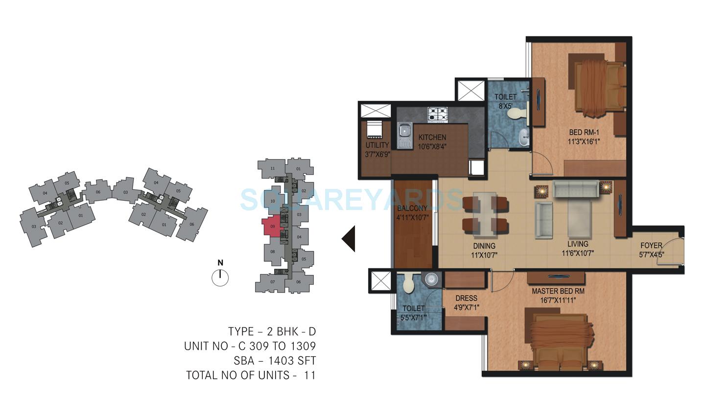 Floor plan of 2 BHK 1403 Sq. Ft. Apartment in Century Breeze, Bangalore