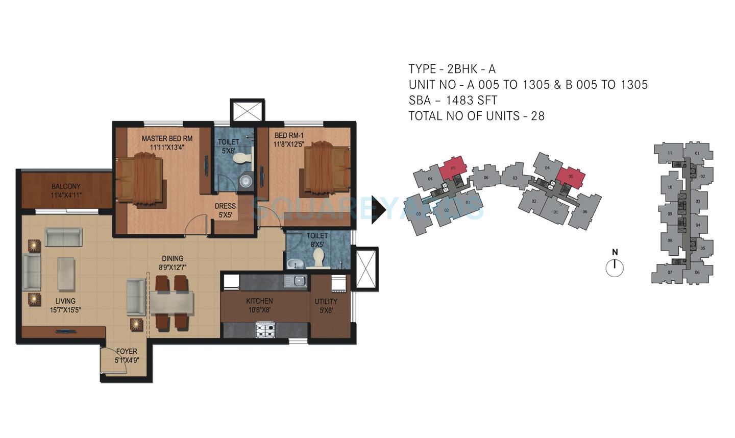 Floor plan of 2 BHK 1483 Sq. Ft. Apartment in Century Breeze, Bangalore