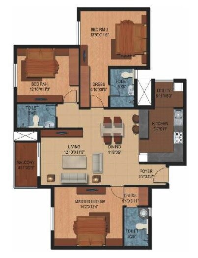 Floor plan of 3 BHK 1978 Sq. Ft. Apartment in Century Breeze, Bangalore