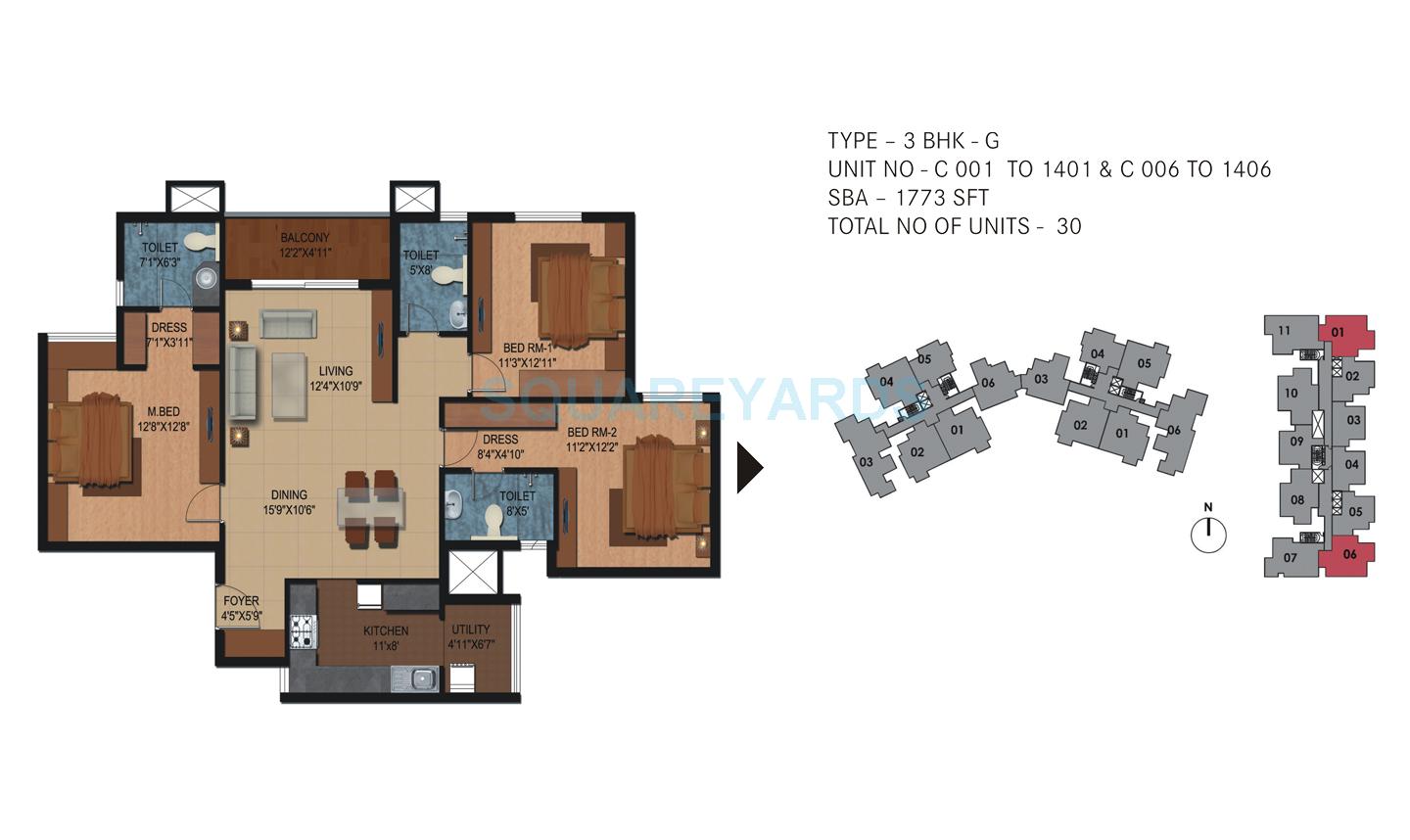 Floor plan of 3 BHK 1773 Sq. Ft. Apartment in Century Breeze, Bangalore