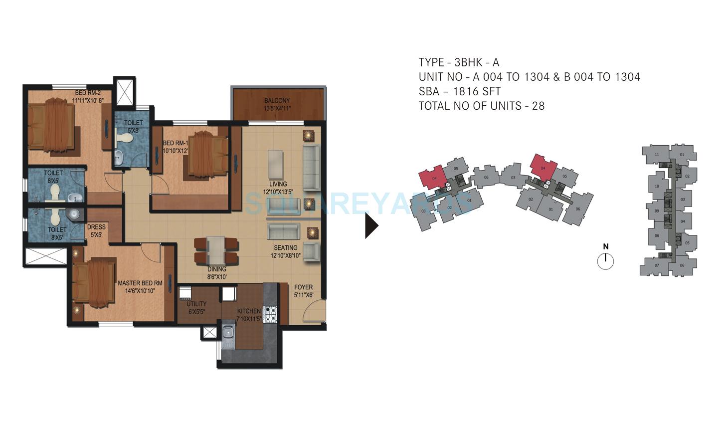 Floor plan of 3 BHK 1816 Sq. Ft. Apartment in Century Breeze, Bangalore